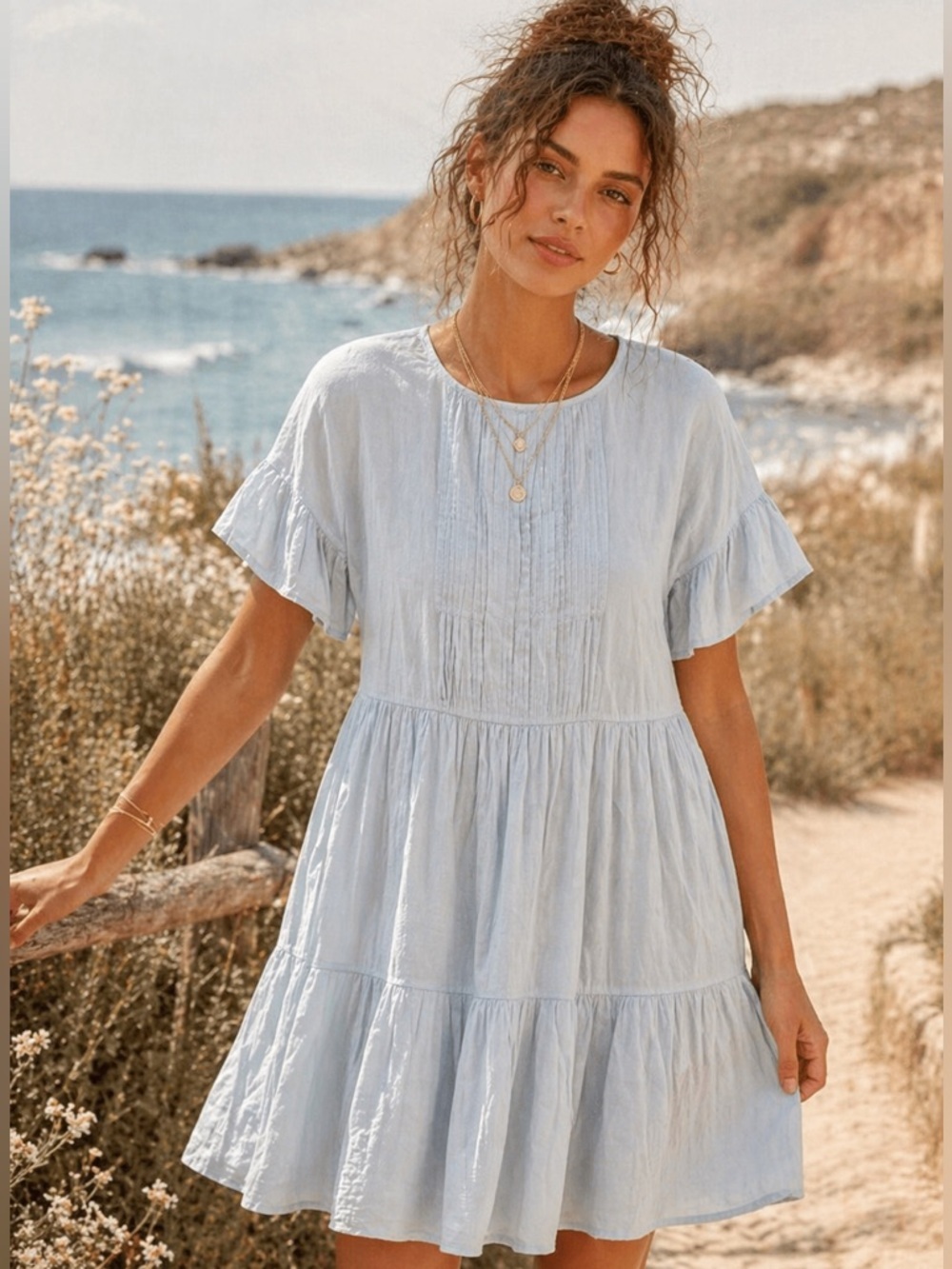 Urban Outfitters Light Blue Tiered Mini Dress | Pintuck Front | Size Small - Picture 1 of 8